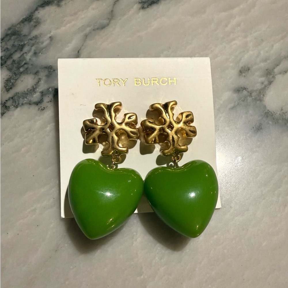 New Tory Burch Roxanne Green Heart Drop Earrings